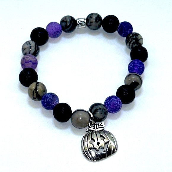 Handmade Halloween Pumpkin Charm Bracelet with Purple Amethyst and Lava Stones! - Picture 2 of 7